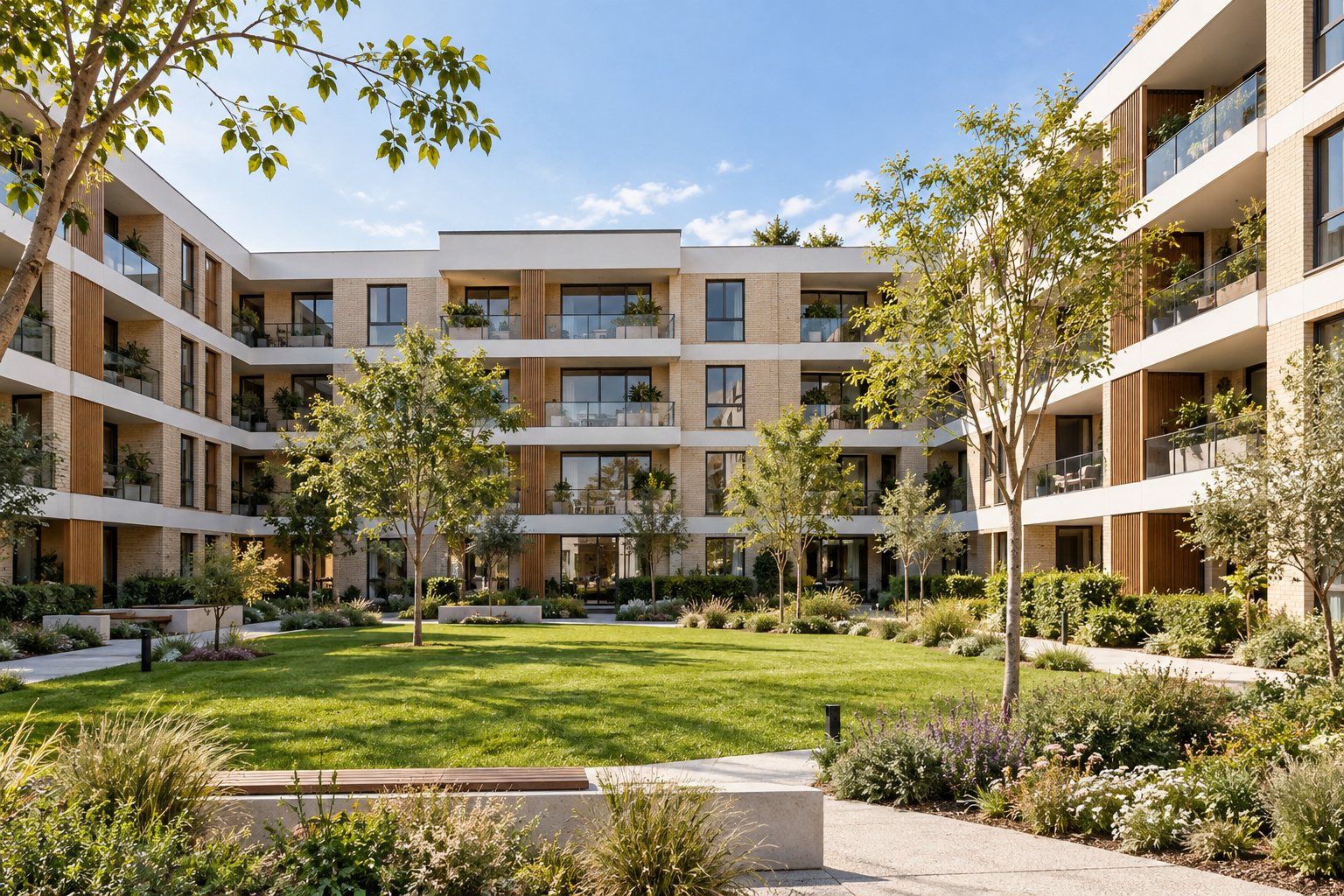 Four-storey apartment buildings with timber screens and balconies face a shared lawn with trees and Mediterranean planting.