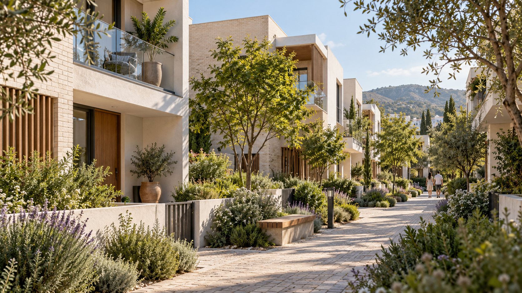 Contemporary townhouses line a shaded pedestrian lane with small gardens, a timber bench and olive trees.