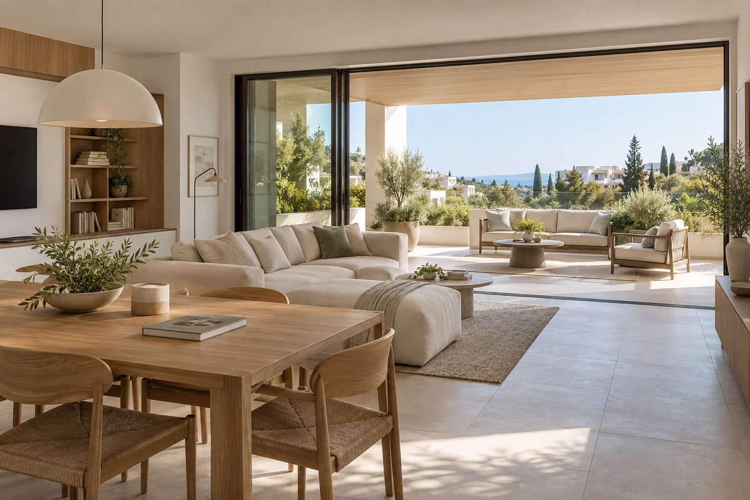 Un luminoso salón-comedor abierto, con mesa de madera, se abre a una terraza sombreada con vistas a colinas verdes.