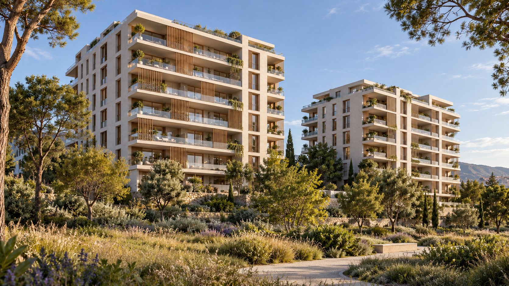 Two stepped contemporary apartment buildings with planted balconies rise above a landscaped garden and a winding path.