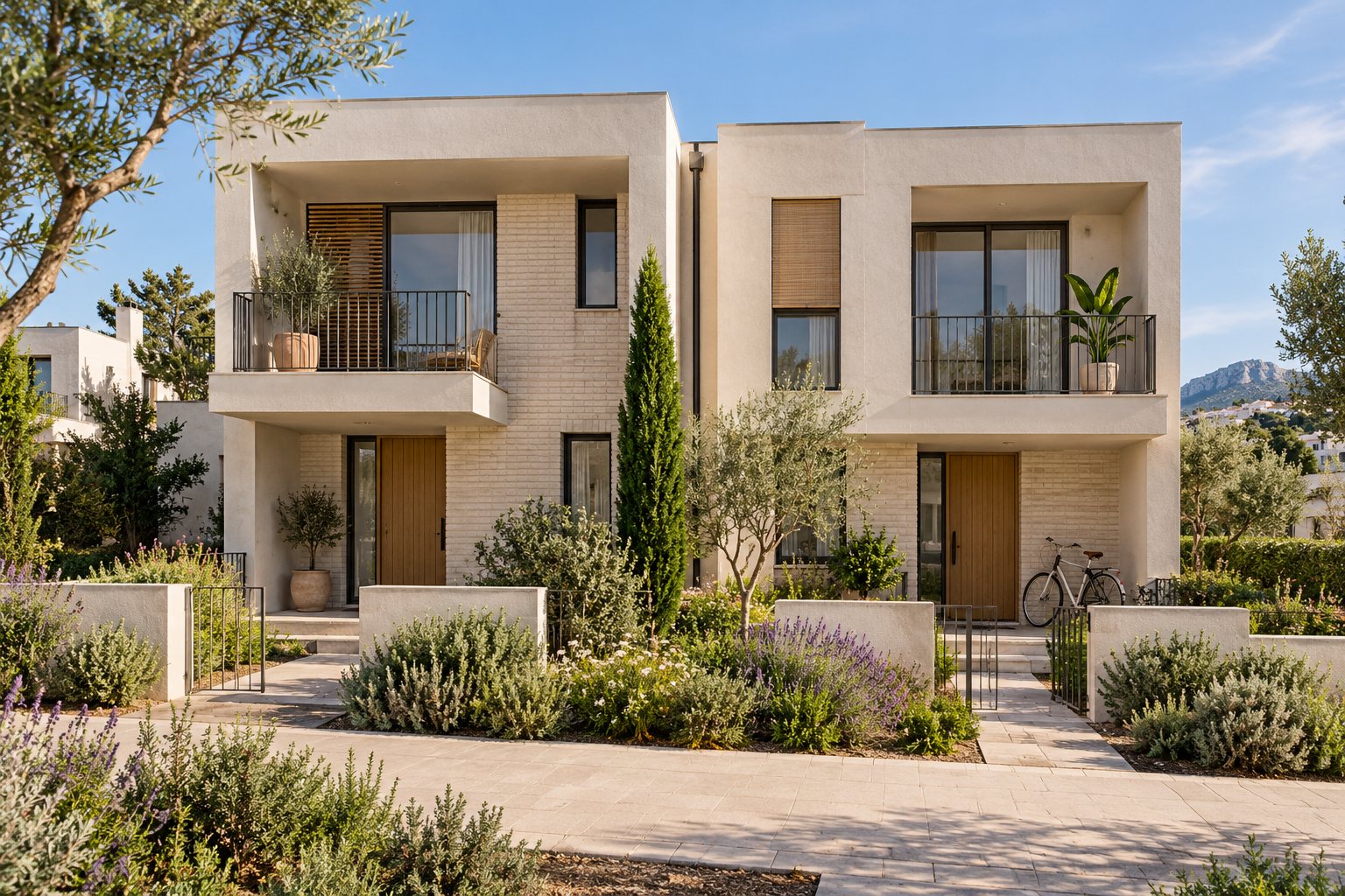 Casas pareadas modernas con entradas protegidas independientes, ladrillo claro y vegetación mediterránea.