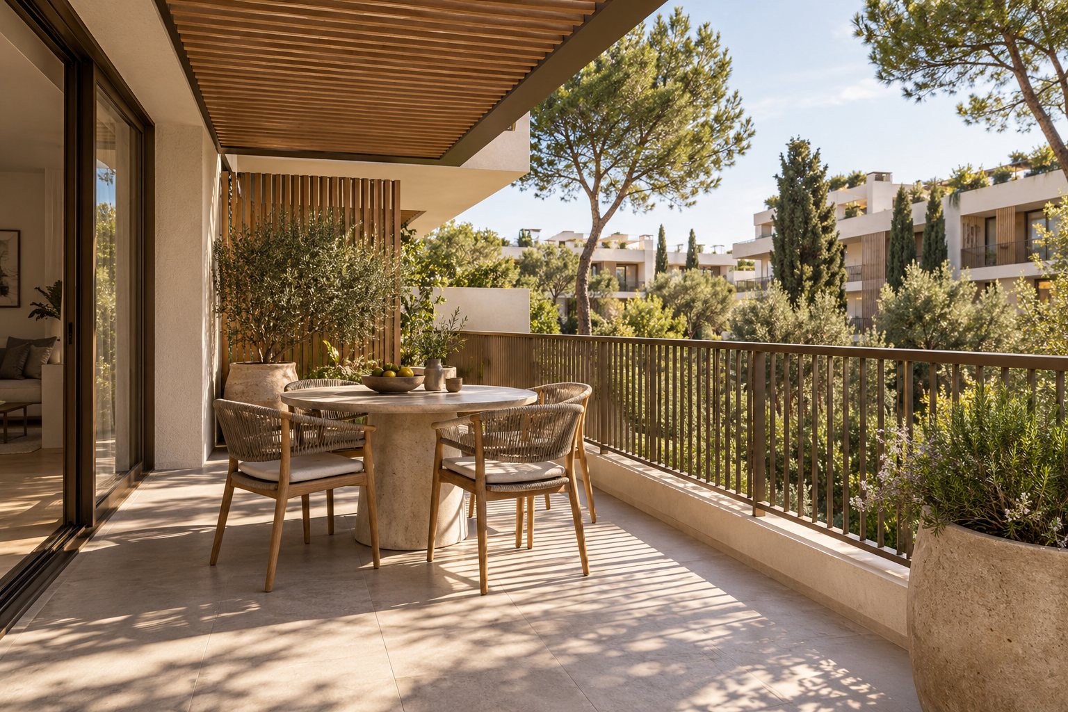 Una terraza sombreada con techo de madera y una pequeña mesa redonda con sillas mira a olivos y pinos.